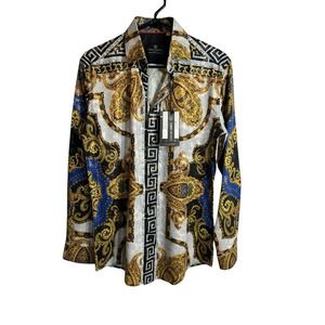 suslo couture mens silm fit button down long sleeve shirt size small fancy